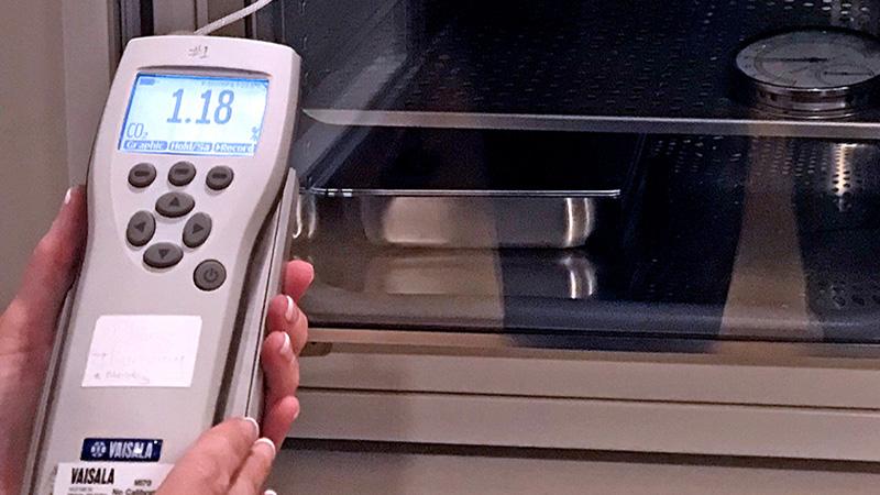 CO2 handheld meter on incubator at Boston IVF