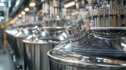 Edelstahl-Bioreaktoren in einer modernen Biotechnologie-Anlage.