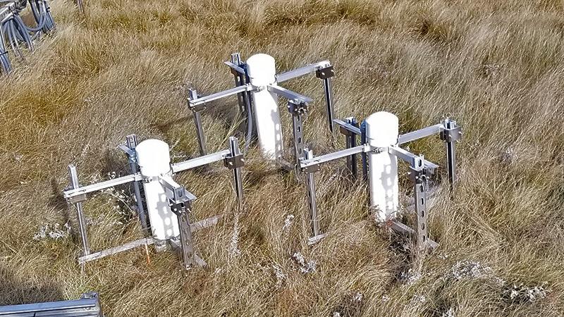 Closeup of GMP434 sensors installed in soil.