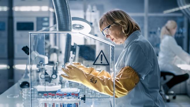 Biologist Works with Samples in Isolation Glove Box
