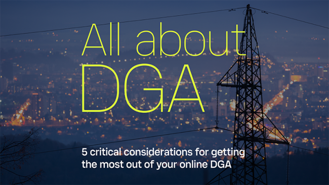 All about DGA webinar text and cityscape at dusk, power lines and power line tower