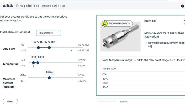 Dew point instrument selector screenshot
