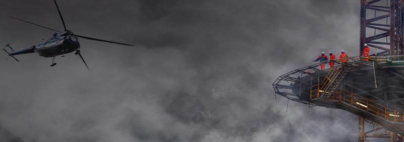 Helicopter approaching offshore helideck